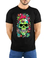 Neon Skull Explosion T-Shirt Colorful Punk Horror Tee - model wearing black shirt, hands behind back