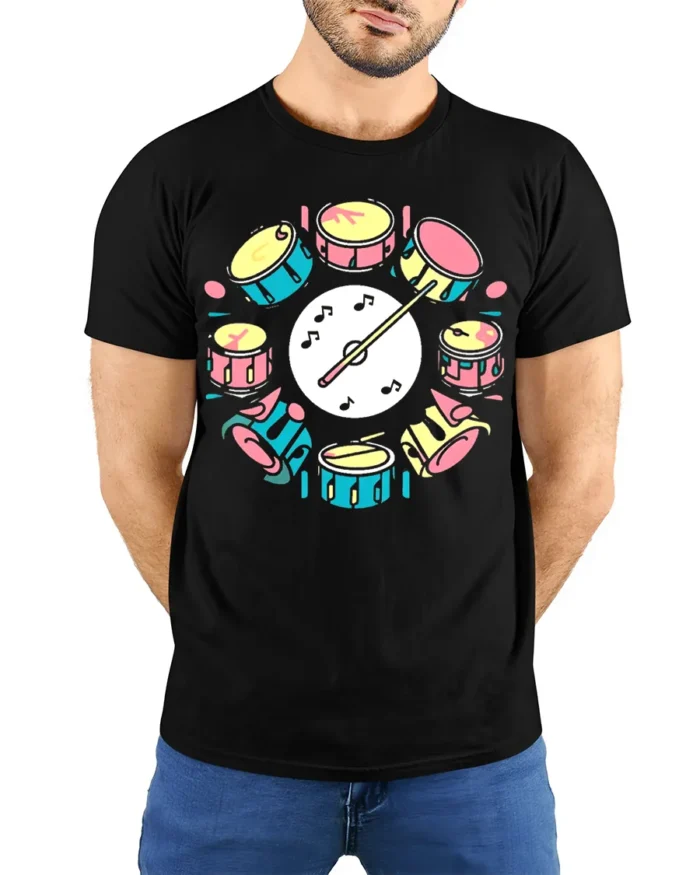 Colorful Drum Set Graphic T-Shirt Musician Gift Tee - model wearing black shirt, hands behind back