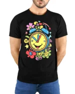 Colorful Happy Alarm Clock T-Shirt Retro Cartoon Tee - model wearing black shirt, hands behind back
