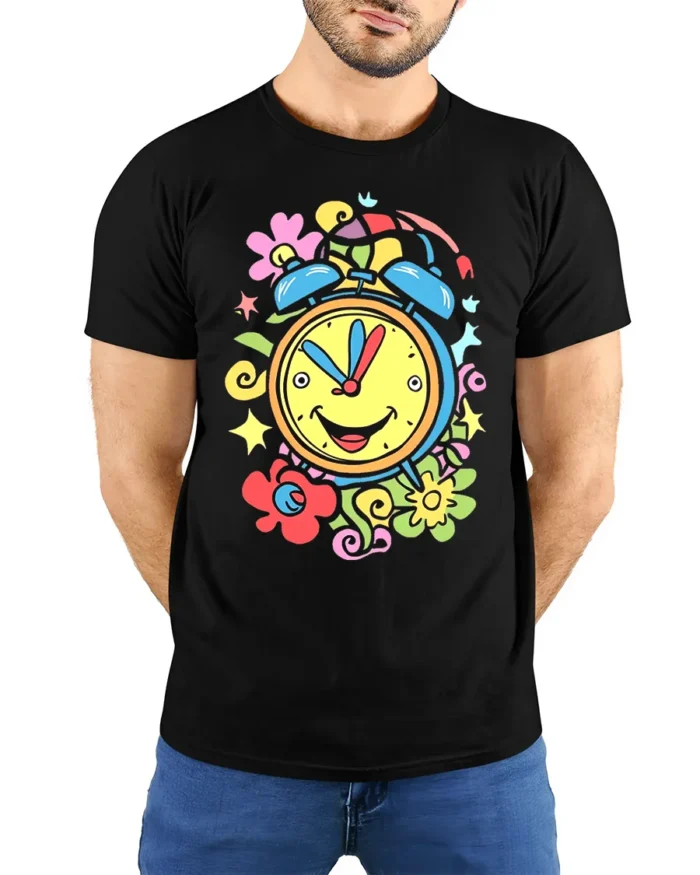 Colorful Happy Alarm Clock T-Shirt Retro Cartoon Tee - model wearing black shirt, hands behind back