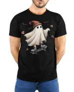 Funny Skater Ghost Halloween T-Shirt Cool Fall Vibes - model wearing black shirt, hands behind back
