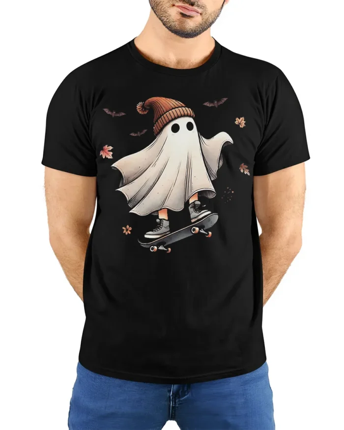 Funny Skater Ghost Halloween T-Shirt Cool Fall Vibes - model wearing black shirt, hands behind back