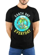 Earth Day Everyday Peace Sign T-Shirt Eco Friendly Tee - model wearing black shirt, hands behind back