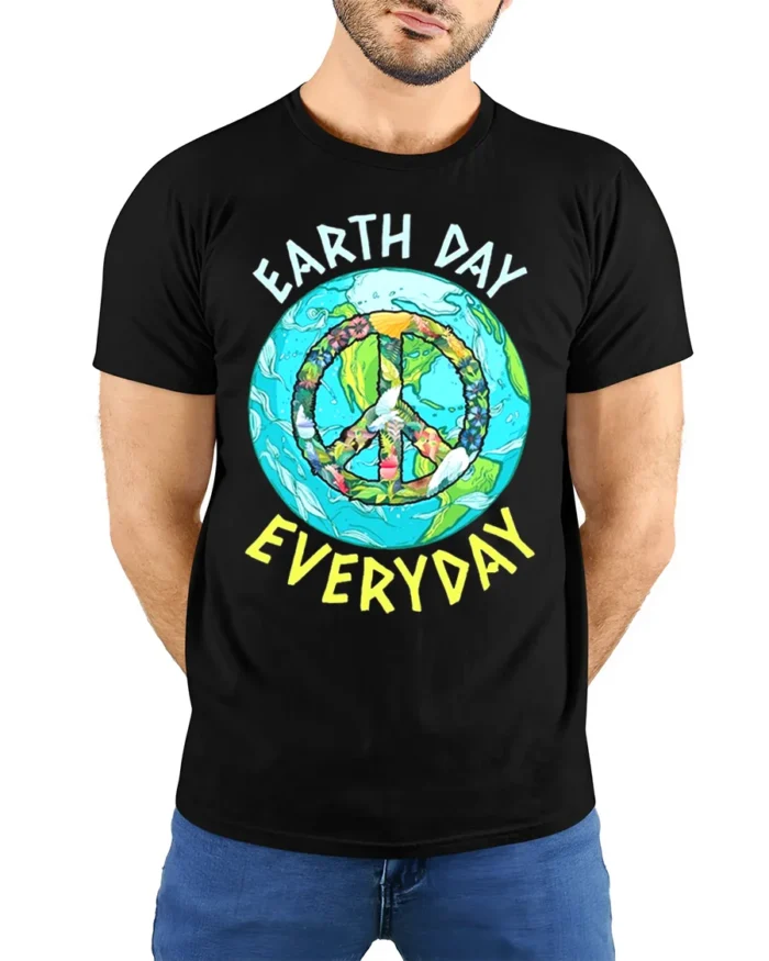 Earth Day Everyday Peace Sign T-Shirt Eco Friendly Tee - model wearing black shirt, hands behind back