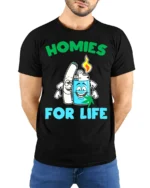 Homies for Life Funny Weed T-Shirt Cartoon Blunt Lighter Tee - model wearing black shirt, hands behind back
