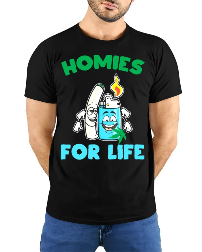 Homies for Life Funny Weed T-Shirt Cartoon Blunt Lighter Tee - model wearing black shirt, hands behind back