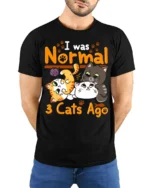 I Was Normal 3 Cats Ago Funny Cat Lover T-Shirt - model wearing black shirt, hands behind back