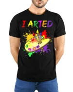 Artistic Humor T-Shirt I ARTED Paint Palette Shirt - model wearing black shirt, hands behind back