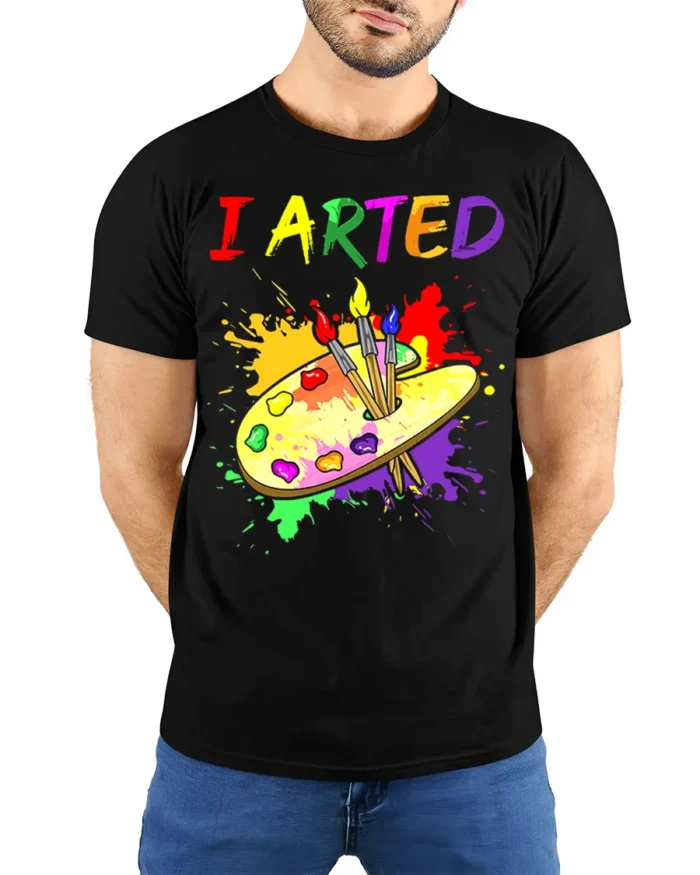 Artistic Humor T-Shirt I ARTED Paint Palette Shirt - model wearing black shirt, hands behind back