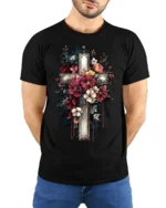 Floral Cross T-Shirt Artistic Faith Design on Soft Tee - model wearing black shirt, hands behind back