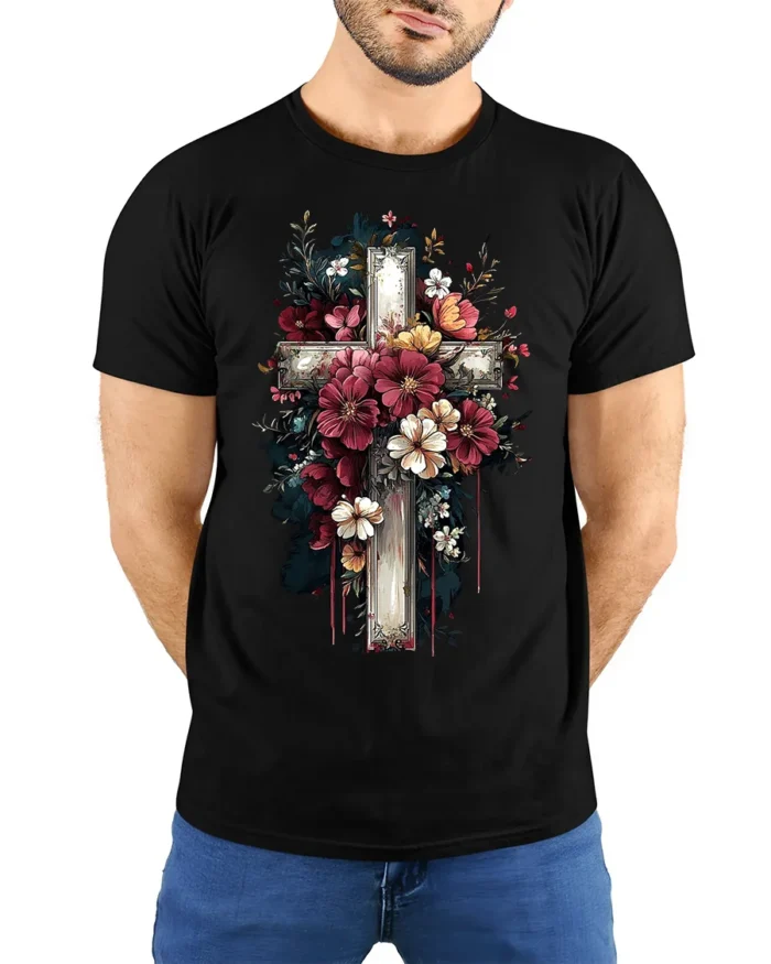 Floral Cross T-Shirt  Artistic Faith Design on Soft Tee - model wearing black shirt, hands behind back