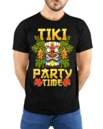 Tiki Party Time T-Shirt Tropical Luau Fun Island Tee - model wearing black shirt, hands behind back