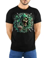 Cyber Reaper Skull T-Shirt Glowing Neon Grim Design - model wearing black shirt, hands behind back