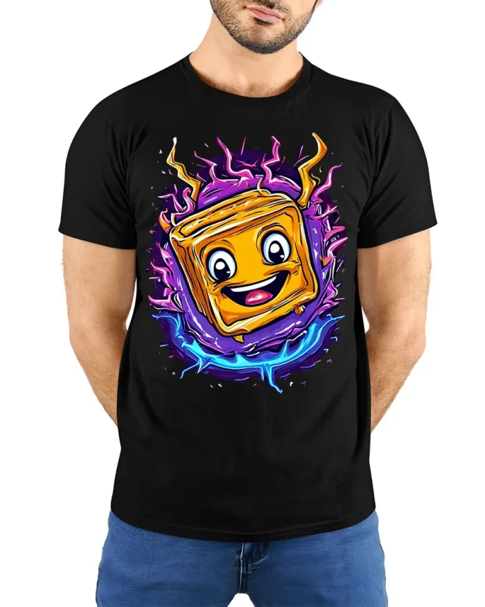 Electric Cheese Toast T-Shirt Funny Cartoon Food Tee - model wearing black shirt, hands behind back