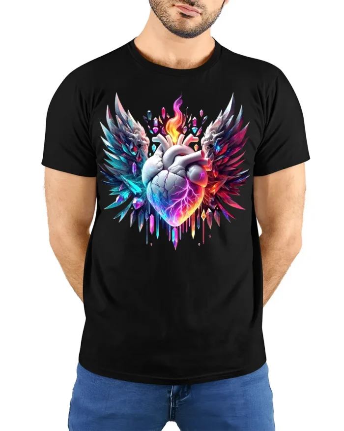 Winged Flaming Heart T-Shirt Crystal Fantasy Tee - model wearing black shirt, hands behind back