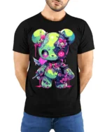 Neon Psycho Teddy Bear T-Shirt Kawaii Horror Style Tee - model wearing black shirt, hands behind back