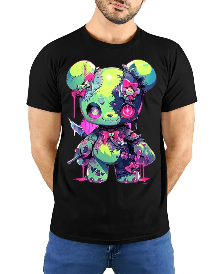 Neon Psycho Teddy Bear T-Shirt Kawaii Horror Style Tee - model wearing black shirt, hands behind back