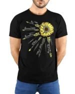 Sunshine Quote T-Shirt with Arrows and Sunflower Art - model wearing black shirt, hands behind back
