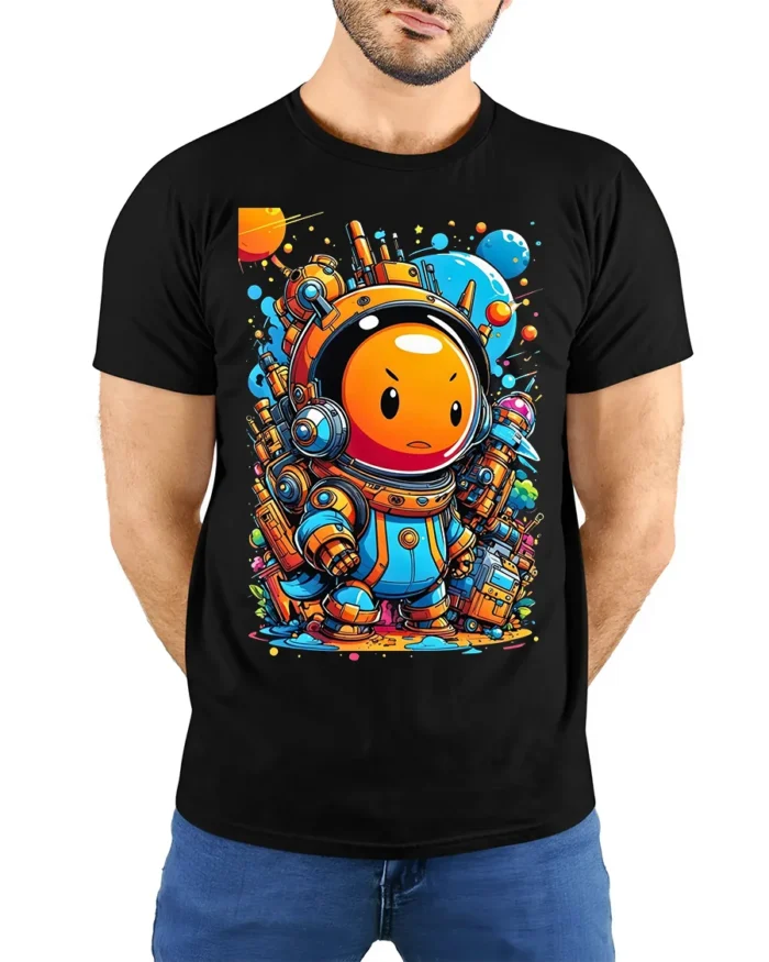 Cute Space Astronaut T-Shirt Colorful Galaxy Cartoon Tee - model wearing black shirt, hands behind back