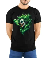 Evil Clown Laugh T-Shirt Haunting Green Smoke Tee - model wearing black shirt, hands behind back