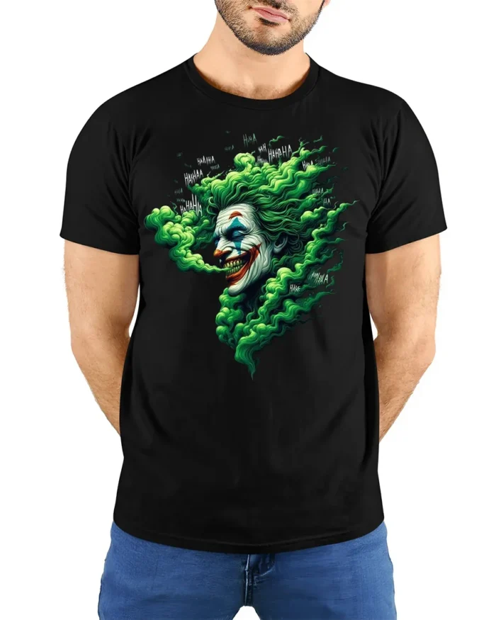Evil Clown Laugh T-Shirt Haunting Green Smoke Tee - model wearing black shirt, hands behind back