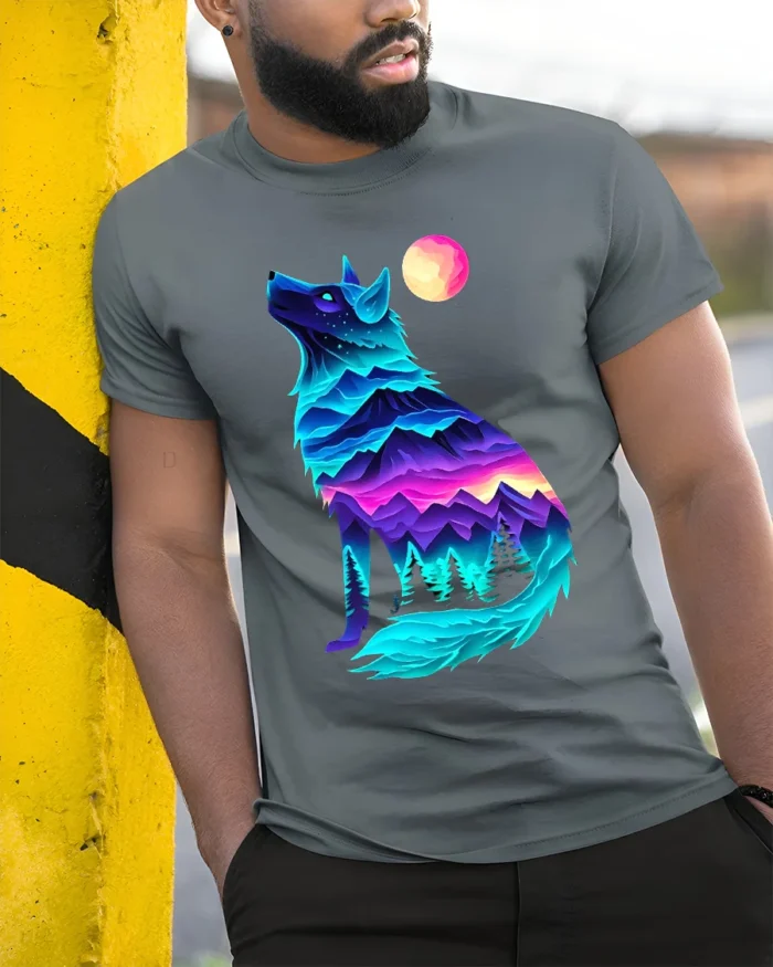 Neon Wolf Landscape Graphic T-Shirt for Nature Lovers - model in grey shirt leaning against column