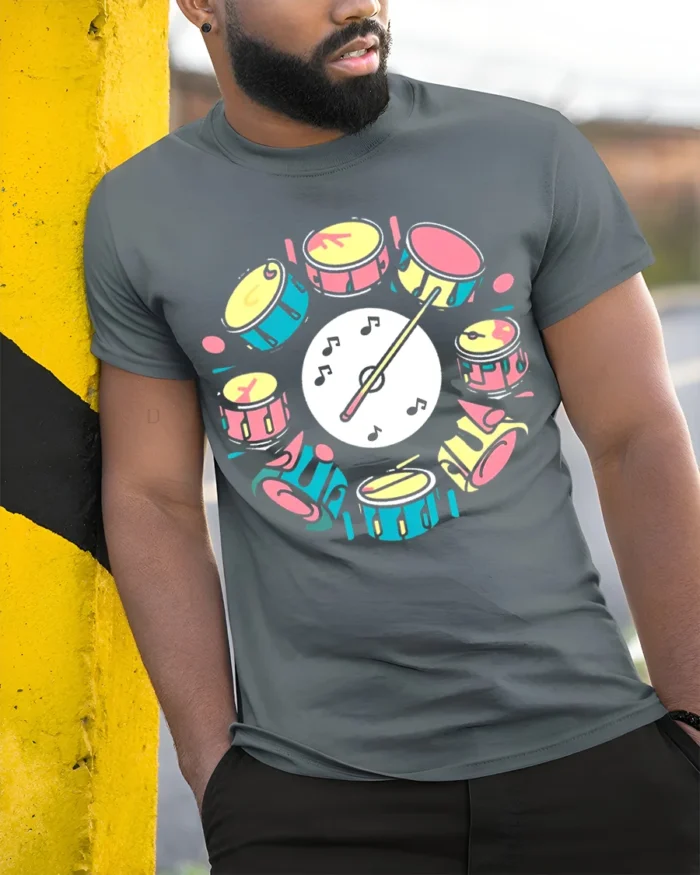 Colorful Drum Set Graphic T-Shirt Musician Gift Tee - model in grey shirt leaning against column