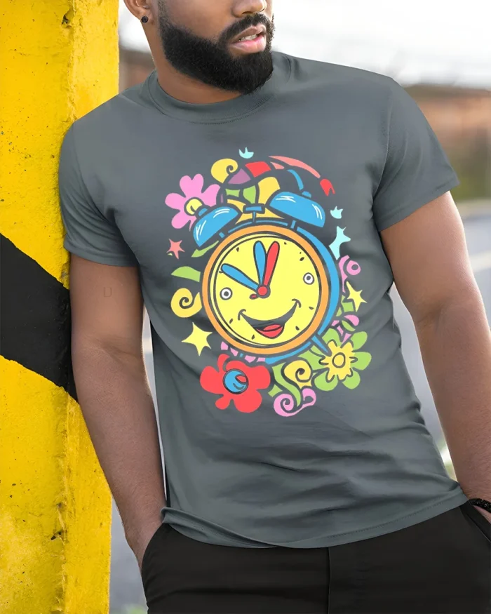 Colorful Happy Alarm Clock T-Shirt Retro Cartoon Tee - model in grey shirt leaning against column