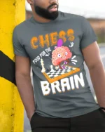 Funny Chess Brain T-Shirt Food for Thought Tee - model in grey shirt leaning against column