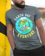 Earth Day Everyday Peace Sign T-Shirt Eco Friendly Tee - model in grey shirt leaning against column