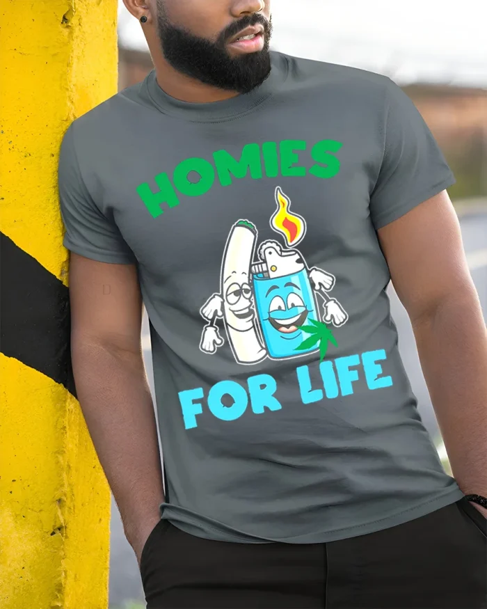 Homies for Life Funny Weed T-Shirt Cartoon Blunt Lighter Tee - model in grey shirt leaning against column