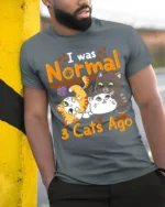 I Was Normal 3 Cats Ago Funny Cat Lover T-Shirt - model in grey shirt leaning against column