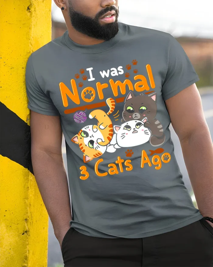 I Was Normal 3 Cats Ago Funny Cat Lover T-Shirt - model in grey shirt leaning against column