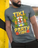 Tiki Party Time T-Shirt Tropical Luau Fun Island Tee - model in grey shirt leaning against column
