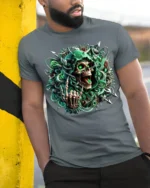 Cyber Reaper Skull T-Shirt Glowing Neon Grim Design - model in grey shirt leaning against column