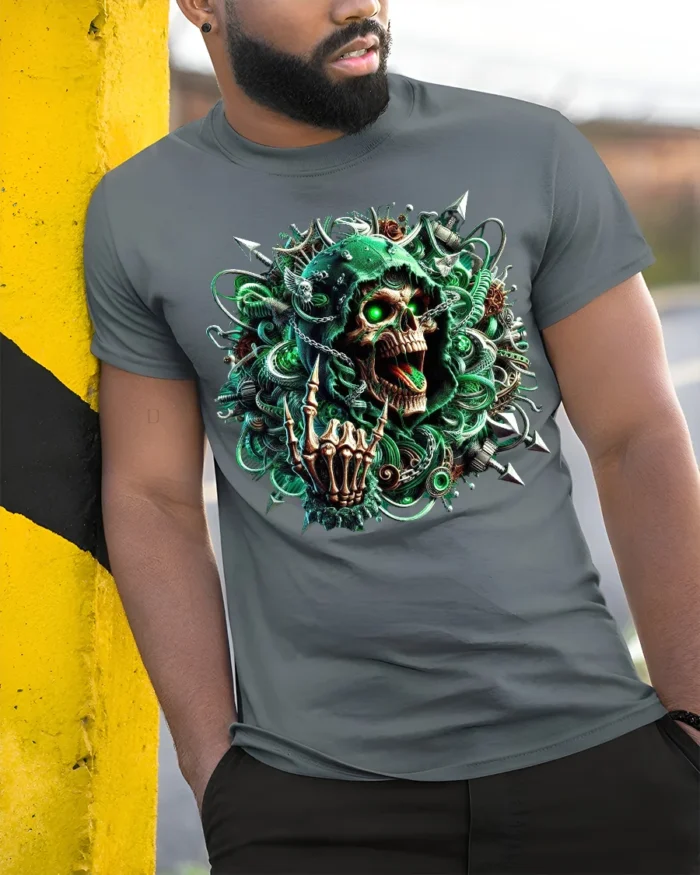 Cyber Reaper Skull T-Shirt Glowing Neon Grim Design - model in grey shirt leaning against column
