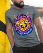 Electric Cheese Toast T-Shirt Funny Cartoon Food Tee - model in grey shirt leaning against column