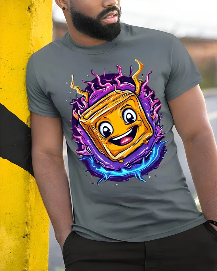 Electric Cheese Toast T-Shirt Funny Cartoon Food Tee - model in grey shirt leaning against column