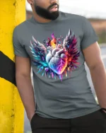 Winged Flaming Heart T-Shirt Crystal Fantasy Tee - model in grey shirt leaning against column