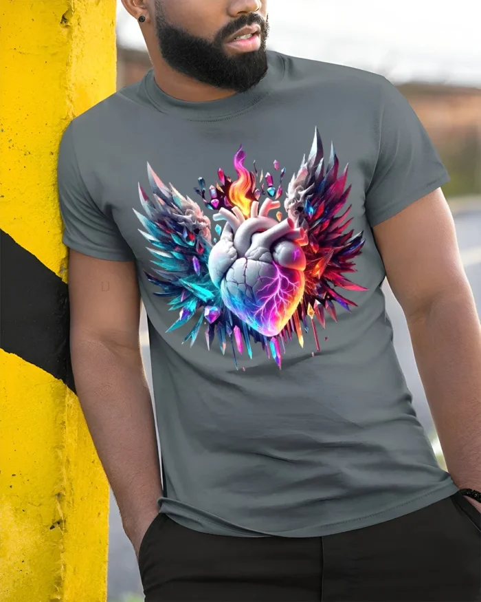 Winged Flaming Heart T-Shirt Crystal Fantasy Tee - model in grey shirt leaning against column