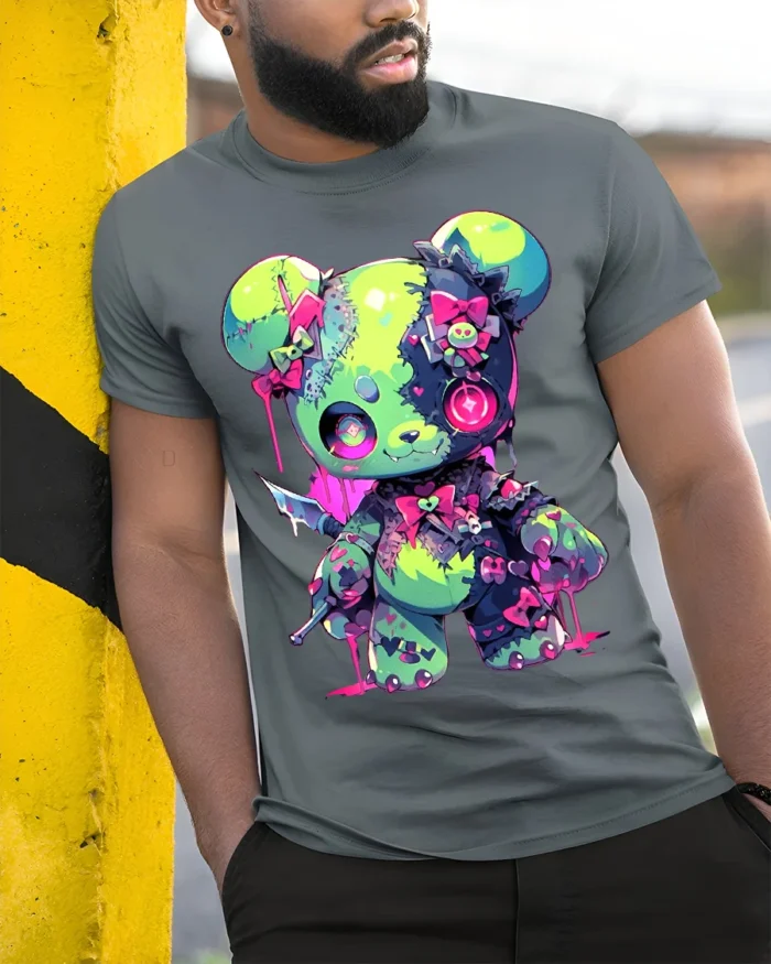 Neon Psycho Teddy Bear T-Shirt Kawaii Horror Style Tee - model in grey shirt leaning against column