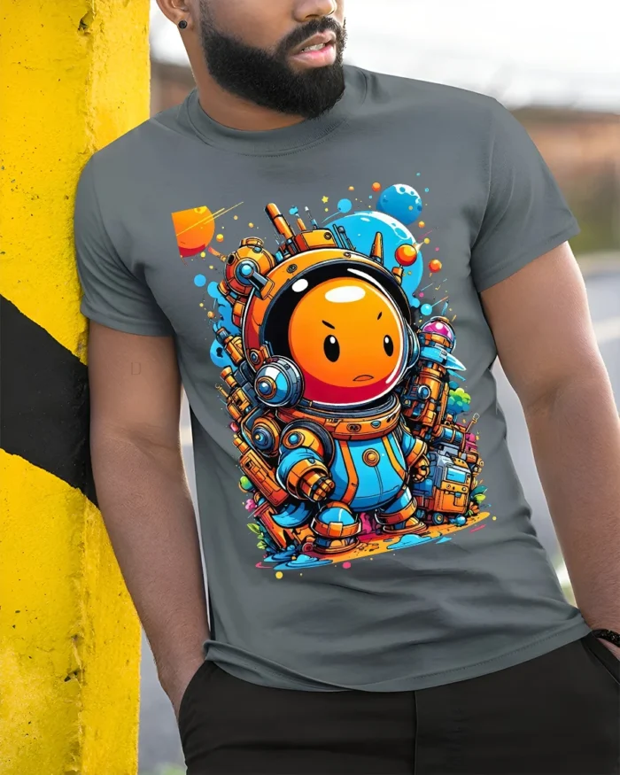 Cute Space Astronaut T-Shirt Colorful Galaxy Cartoon Tee - model in grey shirt leaning against column