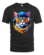 Cool Cat DJ T-Shirt Hip Hop Cat in Headphones Tee - black t-shirt on white background