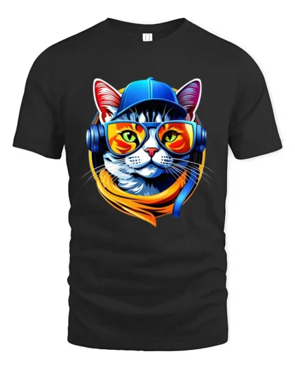 Cool Cat DJ T-Shirt Hip Hop Cat in Headphones Tee - black t-shirt on white background