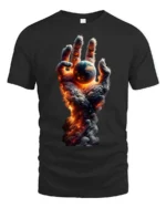 Earth in Flames T-Shirt Fiery Cosmic Hand Graphic Tee - black t-shirt on white background