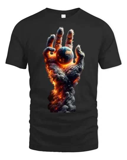 Earth in Flames T-Shirt Fiery Cosmic Hand Graphic Tee - black t-shirt on white background