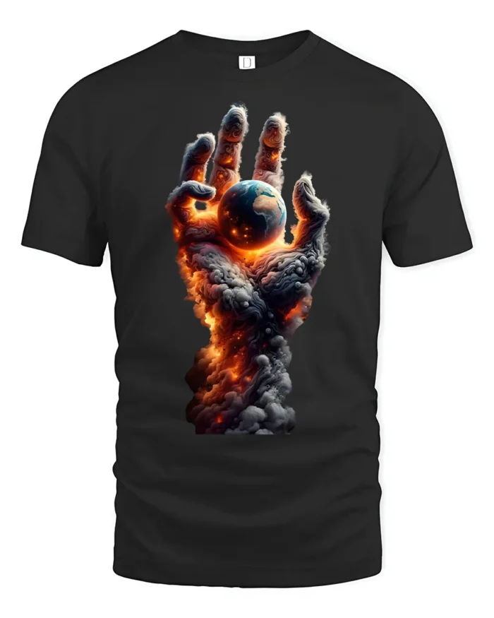 Earth in Flames T-Shirt Fiery Cosmic Hand Graphic Tee - black t-shirt on white background
