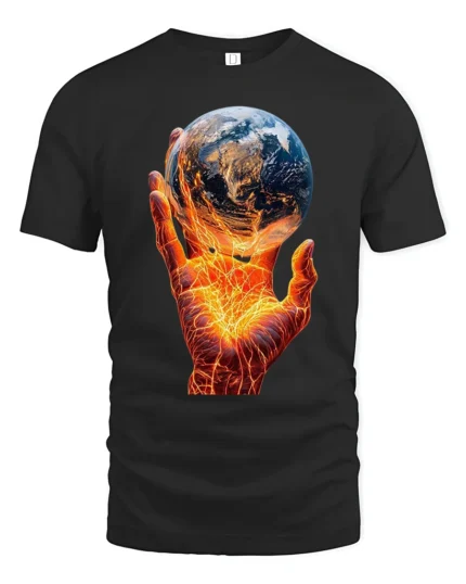 Earth on Fire Graphic T-Shirt Fiery Hand Planet Art Tee - black t-shirt on white background