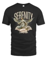 Serenity Angel Graphic T-Shirt Heavenly Choirs Print Tee - black t-shirt on white background