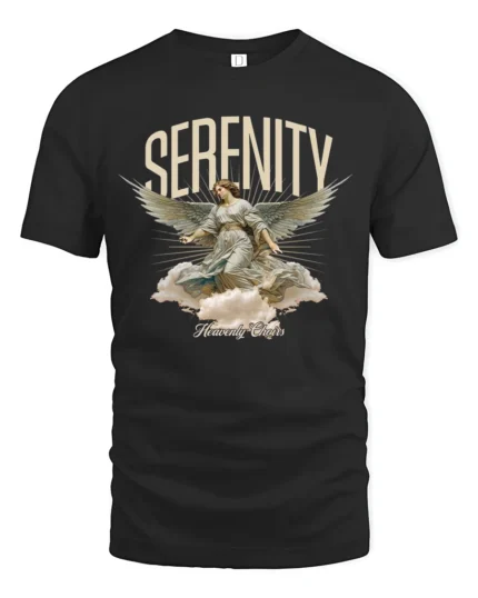 Serenity Angel Graphic T-Shirt Heavenly Choirs Print Tee - black t-shirt on white background